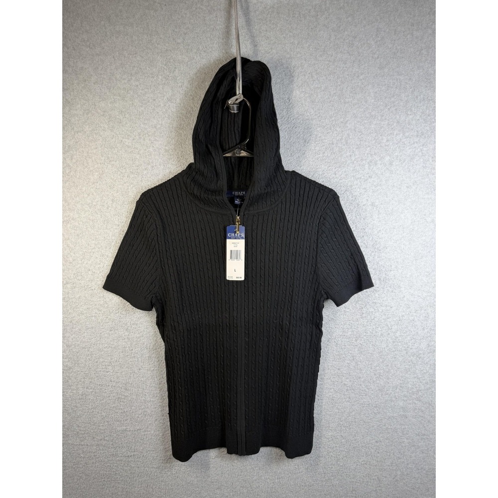 Chaps Sweater‎ Womens Large Black Hooded Short Sleeve Full Zip Cable Knit Top